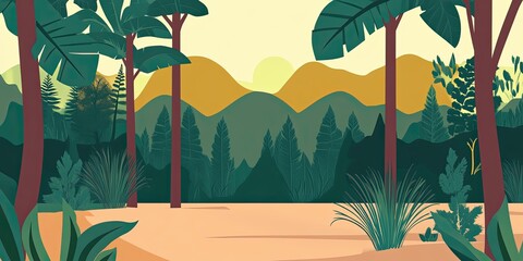 Sticker - Stylized Landscape with Mountains and Tropical Vegetation