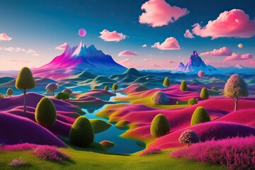 Wall Mural - Vibrant Three Dimensional Surreal Dreamlike Landscapes