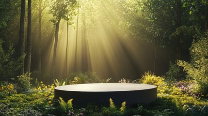 Forest clearing landscape with a circular podium in the center with tall trees and sun rays filtering through the leaves