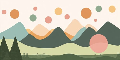 Sticker - Abstract Landscape with Colorful Mountains and Spheres