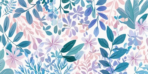 Canvas Print - Floral Pattern with Blue and Pink Leaves