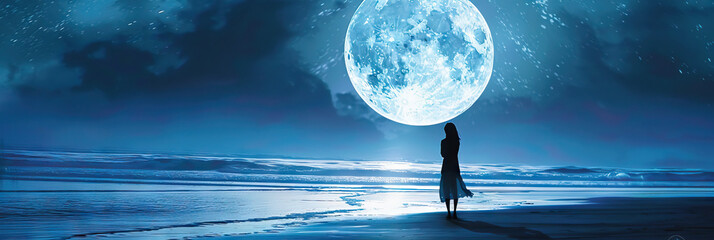lunar whispers: a woman standing on a beach, gazing up at a full moon with awe.