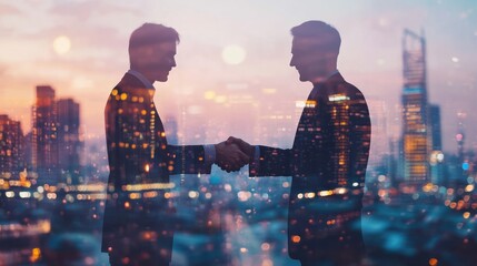 Double exposure image of business people handshake on city office building in background showing partnership success of business deal. Concept of corporate teamwork, trust partner and work agreement.