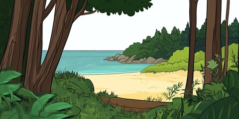 Wall Mural - Serene Beach Scene Surrounded by Lush Greenery