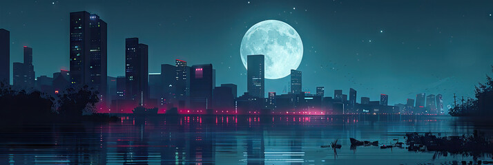 Wall Mural - Serene Nocturnal Scene: A tranquil cityscape at night, illuminated by the light of a full moon.