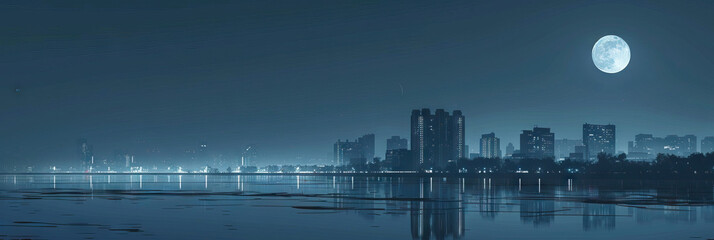 Wall Mural - Serene Nocturnal Scene: A tranquil cityscape at night, illuminated by the light of a full moon.
