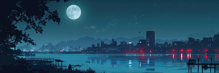 Wall Mural - Serene Nocturnal Scene: A tranquil cityscape at night, illuminated by the light of a full moon.