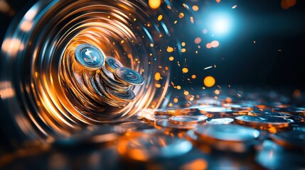 Coins swirling in a digital vortex, dynamic motion, metallic textures, abstract 3D art, glowing lights