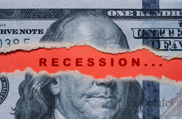 Poster - USD dollar banknote is torn with recession wording on red background for United of America risk of great economic depression crisis concept.