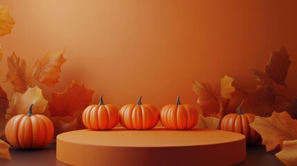 Halloween podium background pumpkin product platform scene display. Background orange autumn podium 3D render scary party spooky fall, happy halloween mockup abstract studio pedestal. Generative AI