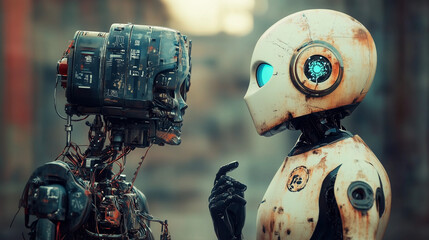 Two old retro robots look at each other. Futurism. AI generation