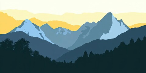 Wall Mural - Stylized Mountain Landscape with Colorful Horizon