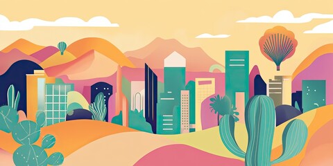 Sticker - Colorful Cityscape in Desert Landscape Illustration