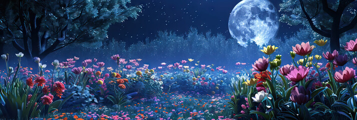 Poster - Nocturnal Nurture: A garden overflowing with moon-loving blooms, basking in the nighttime glow.