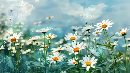 Sticker - A field of white daisies in a watercolor style.