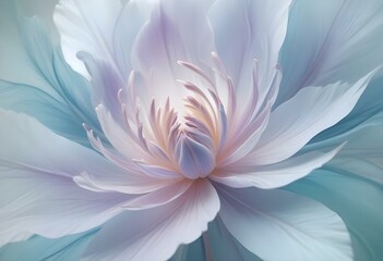 Abstract image of a flower in soft pastel colors, flowing, translucent petals with a blend of light pink, blue, and lavender hues, white background, centered composition