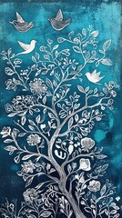 Sticker - Artistic Tree and Birds on Vibrant Blue Background