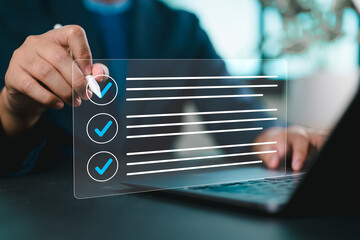 Poster - fill out digital form checklist, take an assessment, questionnaire. businessman filling out business checklist survey to track business performance.