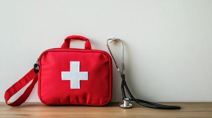 a vibrant red first aid kit bag sits prominently on a wooden table alongside a stethoscope, symboliz