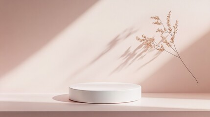 Poster - A smooth white pedestal stands elegantly against a soft pink backdrop, illuminated by gentle light, perfect for highlighting luxury skincare items