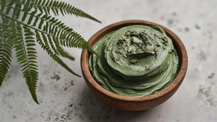 Natural wet clay mask with green fern on white table