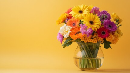 Poster - A close-up view showcases a stunning collection of colorful flowers arranged beautifully in a clear glass vase, set against a bright yellow backdrop