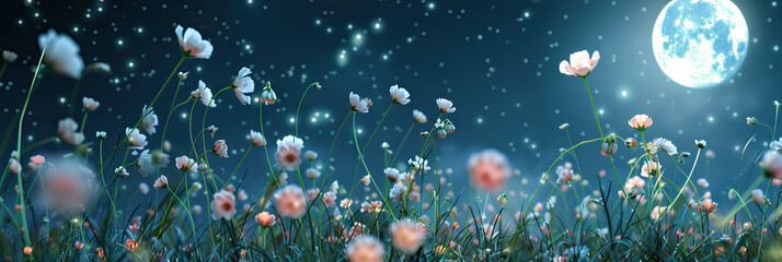 Poster - Moonlit Whimsy: A field of flowers swaying gently in the night breeze, their petals catching the light of the full moon.