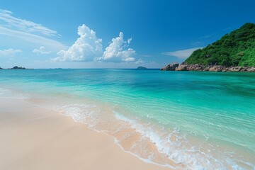 Gentle waves wash over a white sand beach while vibrant turquoise waters reflect the clear blue sky and clouds above