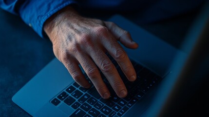 Poster - The hand of a businessman, dressed in a crisp blue shirt, is focused on operating a sleek laptop in a contemporary workspace setting
