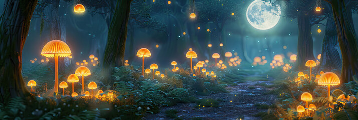 Poster - Lunar Enchantment: A forest path lined with glowing mushrooms, their caps reflecting the light of the full moon.