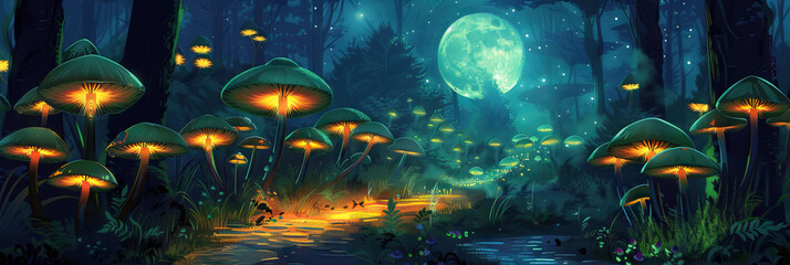 Poster - Lunar Enchantment: A forest path lined with glowing mushrooms, their caps reflecting the light of the full moon.