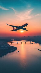 Wall Mural - Airplane Silhouette Against Colorful Sunset Over River