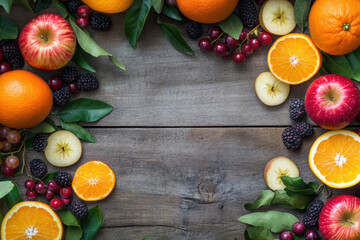 Assorted fresh fruits, including oranges, apples, berries, and grapes, arranged on a rustic wooden background. Copy space