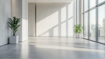 Poster - The entrance hall welcomes visitors into a high-end apartment, characterized by a spacious layout, modern minimalist decor, and ample natural light highlighting fresh greenery