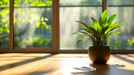 Poster - a vibrant green plant rests beside a large window, bathed in warm sunlight, creating a refreshing at