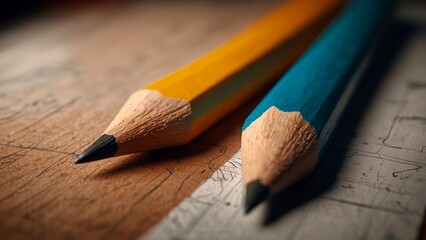 two sharp pencils on a table, close-up