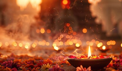 Diwali Celebration with Vibrant Fireworks, Illuminated Diyas, and Colorful Decorations