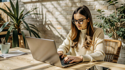 A beautiful young woman is focused on working on a laptop in cafe, a freelance girl or a student at a computer