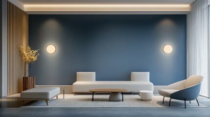 Poster - the lounge exudes tranquility with its calming blue wall, soft lighting, and minimalist furnishings,
