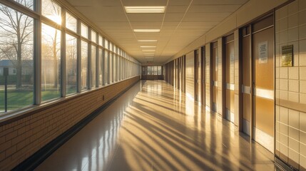 Poster - The corridor features several classroom doors, bathed in warm sunlight, creating a serene atmosphere in this quiet educational setting