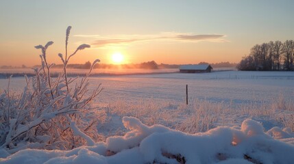 Wall Mural - Winter Sunset Over a Frosty Field