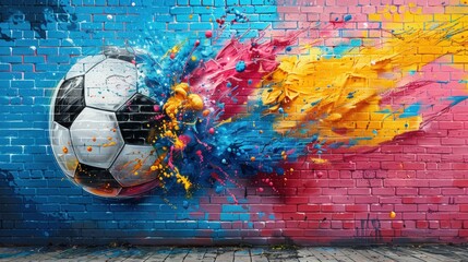 A colorful graffiti of a soccer ball on a brick wall.