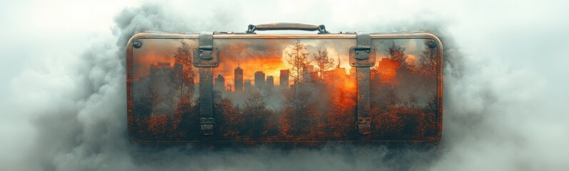 Wall Mural - Suitcase with a picture of a forest on it, travel concept, banner, copy space