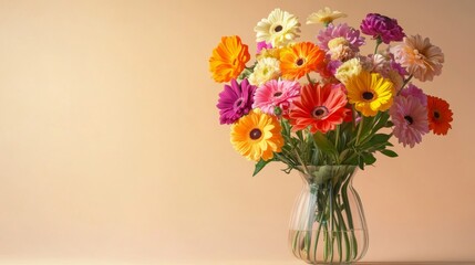 Poster - This closeup display features a stunning floral arrangement with an array of colorful flowers, elegantly arranged in a glass vase against a soft, neutral background