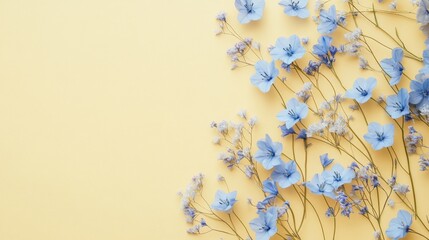Poster - Pressed bluebell flowers are artistically arranged on a soft pastel yellow background, highlighting their delicate structure and graceful appeal in a captivating closeup view