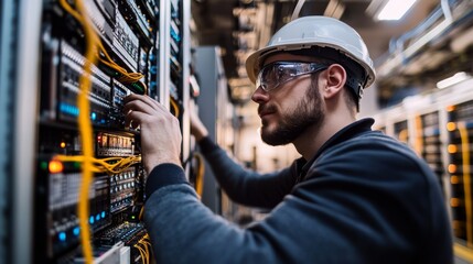 Poster - An engineer focuses intently on server maintenance and troubleshooting tasks in a well-equipped server room filled with numerous racks of technology