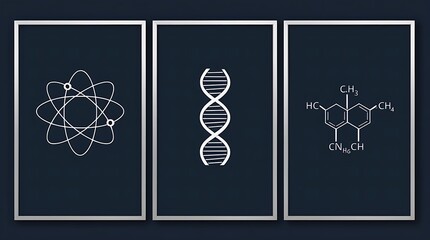 Three framed posters showcasing scientific symbols  atom, DNA, molecule. Perfect for a modern science classroom or laboratory setting decor.
