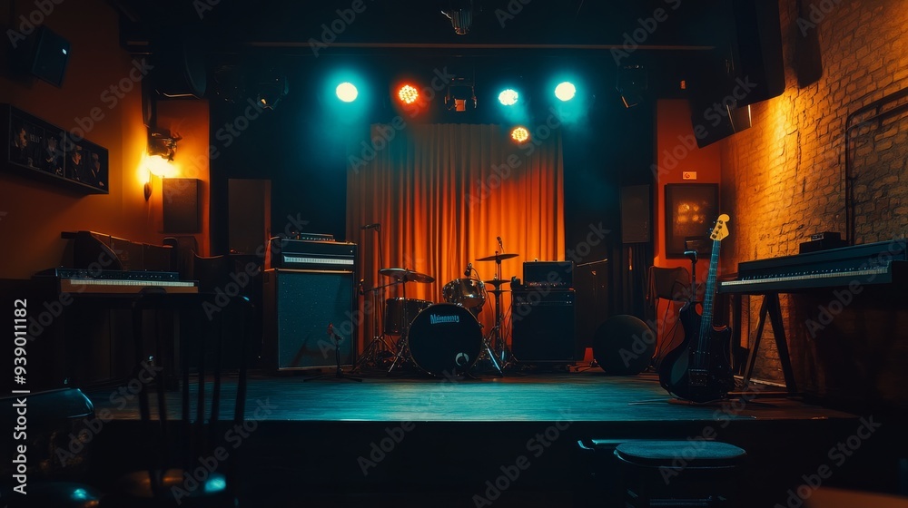 Small Live Performance A small live music venue features a dim stage illuminated by colorful ...