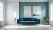 Interior mockup In a white room a blue sofa is placed next to a photo frame on the wall