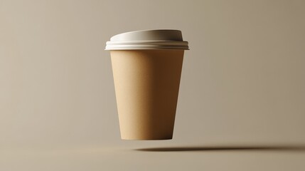 Poster - A paper coffee cup with a lid appears to levitate in a minimalist environment, emphasizing its sleek design and simple aesthetic. The neutral backdrop enhances its presence